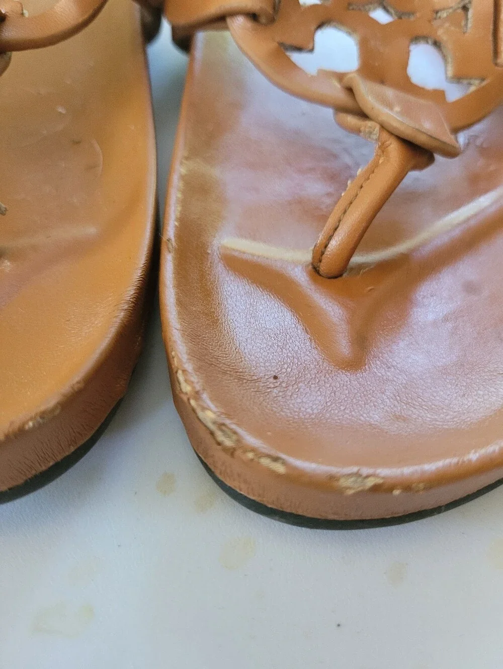 Tory Burch 8.5 Tan Leather Miller Cloud Cutout Logo Thong Sandals